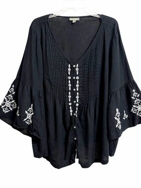 Style & Co Boho Embroidered Flare Sleeve Top Womens 3X Black Linen Blend Hippie